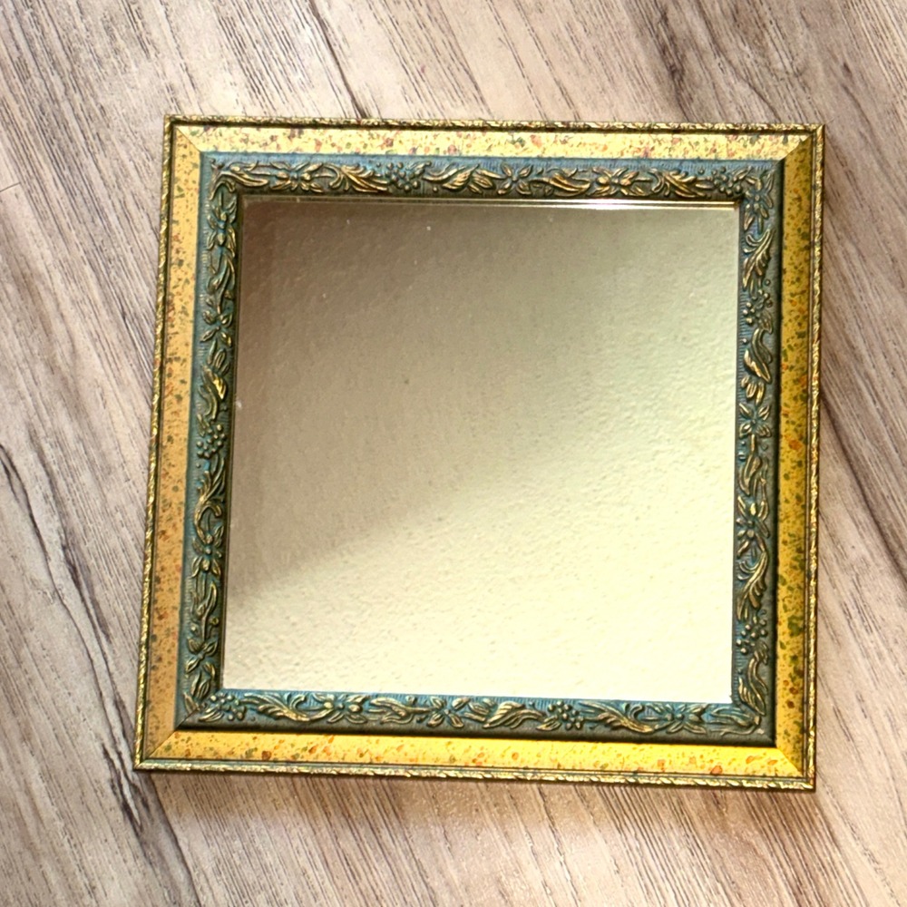 Vtg Ornate Square Wall Mirror Gold Verdigris Floral Scrollwork Frame 9.5in